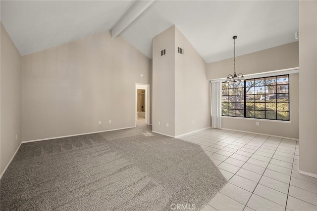 carpeted empty room featuring high vaulted ceiling, a notable chandelier, visible vents, beam ceiling, and tile patterned floors