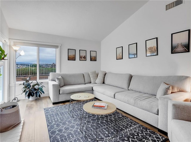 living area with lofted ceiling, visible vents, and wood finished floors