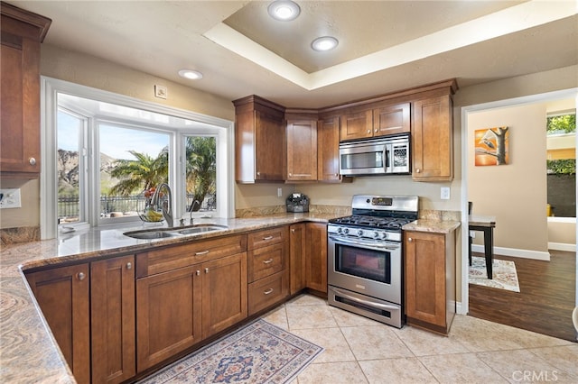 kitchen with light stone counters, a tray ceiling, plenty of natural light, a sink, and appliances with stainless steel finishes