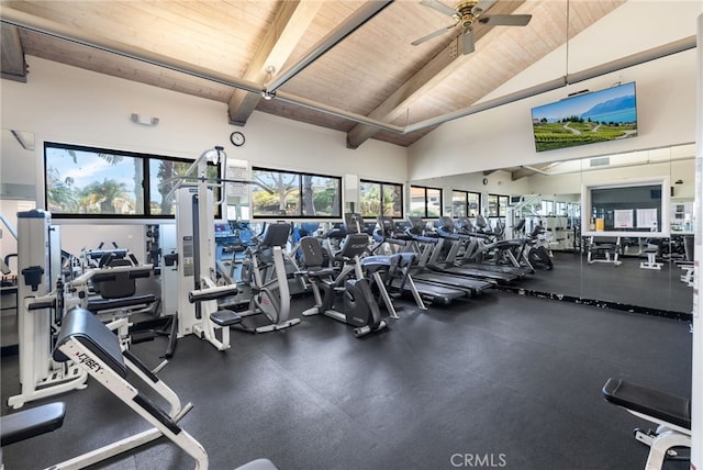 workout area featuring ceiling fan, wooden ceiling, and high vaulted ceiling