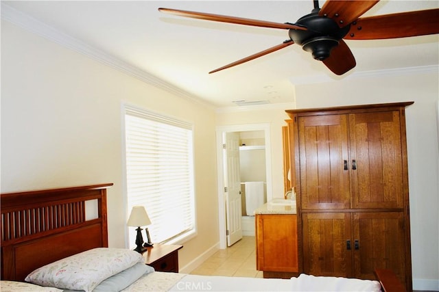 bedroom featuring ceiling fan, light tile patterned flooring, visible vents, and crown molding