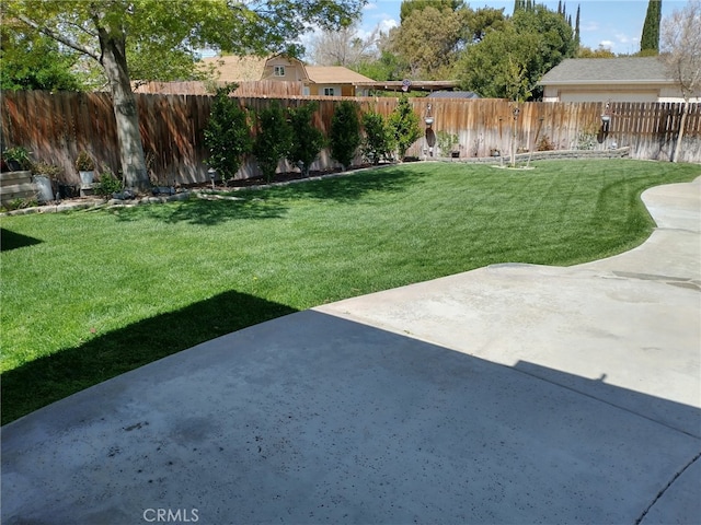view of yard featuring a fenced backyard and a patio