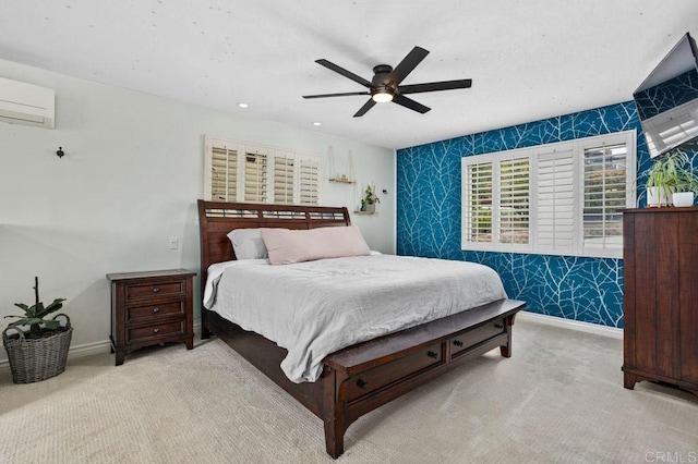 carpeted bedroom with wallpapered walls, baseboards, a ceiling fan, a wall mounted AC, and recessed lighting