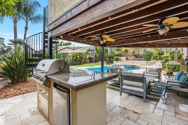 view of patio / terrace with an outdoor kitchen, a fenced in pool, a ceiling fan, area for grilling, and stairway