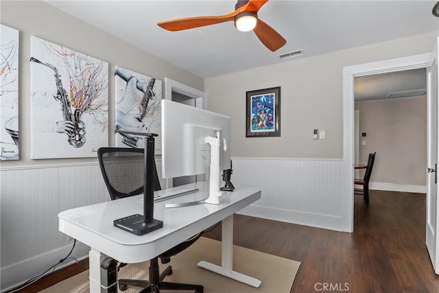 home office featuring a ceiling fan, a wainscoted wall, visible vents, and wood finished floors