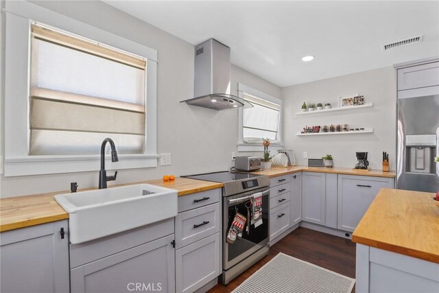 kitchen with butcher block counters, a sink, visible vents, appliances with stainless steel finishes, and wall chimney exhaust hood