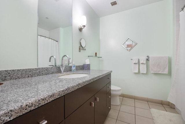 full bath with visible vents, toilet, vanity, baseboards, and tile patterned floors