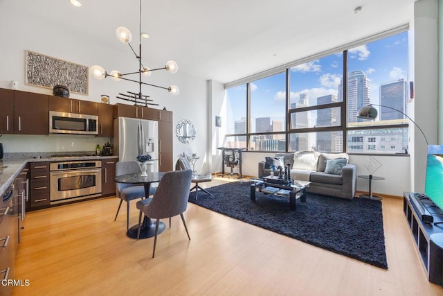 kitchen with stainless steel appliances, light wood finished floors, dark brown cabinetry, and a city view