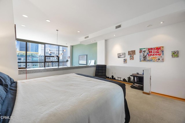 bedroom featuring carpet, visible vents, baseboards, and recessed lighting