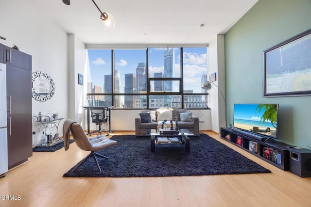 1100 Wilshire Blvd Unit 1808, Los Angeles, CA 90017 - living area with wood finished floors and a wall of windows