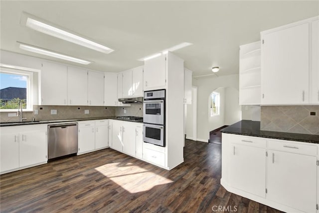 1495 S S, Corning, CA 96021 - kitchen featuring open shelves, a sink, under cabinet range hood, appliances with stainless steel finishes, and dark countertops