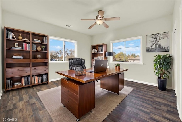 1495 S S, Corning, CA 96021 - home office with dark wood-style floors, visible vents, ceiling fan, and baseboards