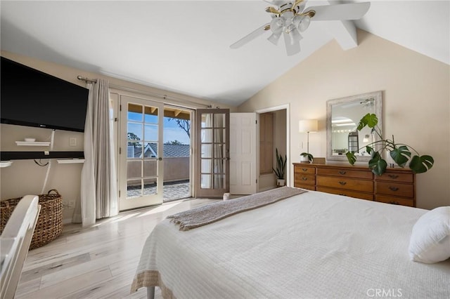 bedroom featuring vaulted ceiling with beams, access to outside, ceiling fan, and wood finished floors