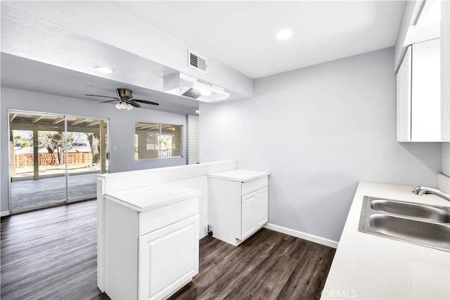 kitchen with dark wood-style flooring, a sink, visible vents, and white cabinetry