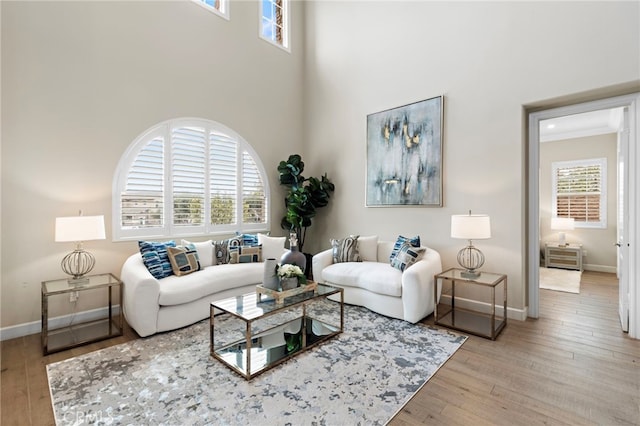 living area with a towering ceiling, baseboards, and hardwood / wood-style flooring