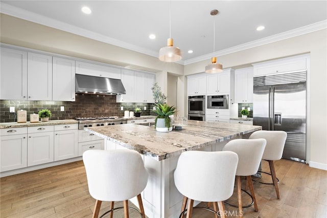 kitchen featuring ornamental molding, under cabinet range hood, tasteful backsplash, a center island, and stainless steel appliances