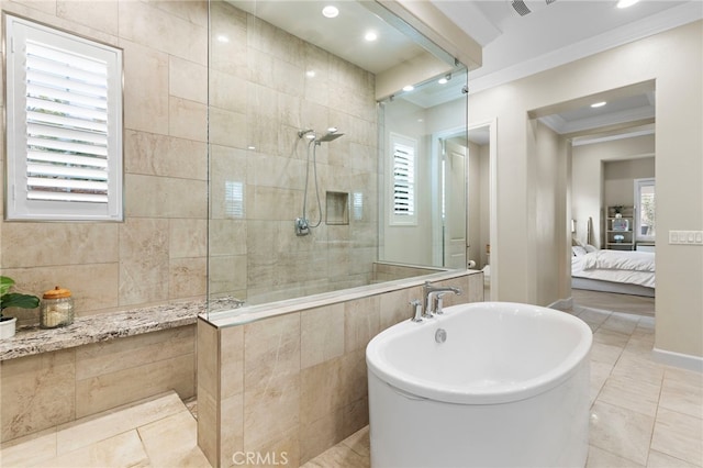 full bathroom featuring a freestanding tub, recessed lighting, ornamental molding, a walk in shower, and connected bathroom