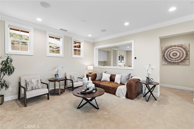 living area featuring light carpet, visible vents, recessed lighting, and crown molding