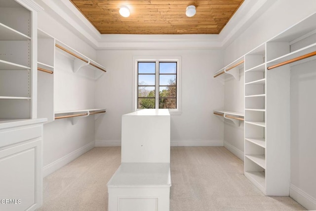 walk in closet featuring a tray ceiling and light colored carpet