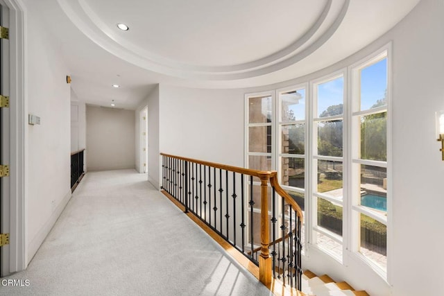 508 W Eucalyptus St, Ojai, CA 93023 - hallway with recessed lighting, healthy amount of natural light, an upstairs landing, light colored carpet, and a tray ceiling