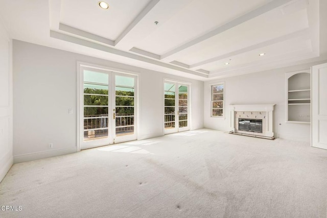 508 W Eucalyptus St, Ojai, CA 93023 - unfurnished living room with carpet flooring, a fireplace, recessed lighting, and beamed ceiling
