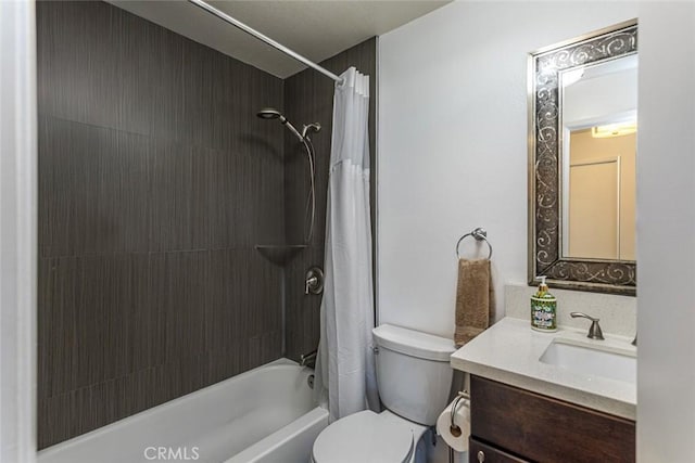 bathroom with toilet, shower / bath combination with curtain, and vanity