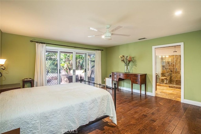 bedroom featuring visible vents, baseboards, a ceiling fan, dark wood-style flooring, and access to outside