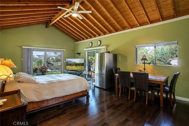 bedroom featuring baseboards, hardwood / wood-style floors, freestanding refrigerator, high vaulted ceiling, and beam ceiling