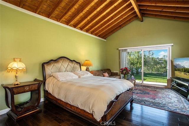 bedroom featuring access to outside, lofted ceiling with beams, baseboards, and hardwood / wood-style flooring