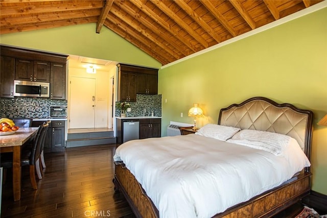 bedroom with dark wood-style floors, wooden ceiling, a toaster, and lofted ceiling with beams