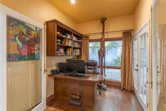 home office with french doors and wood-type flooring