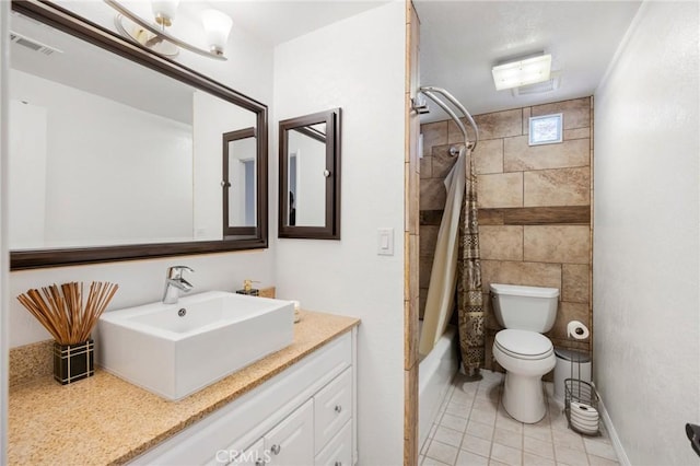 bathroom featuring tile patterned flooring, toilet, visible vents, vanity, and shower / bathtub combination with curtain