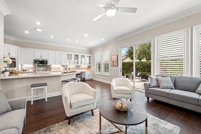 living area featuring baseboards, dark wood-style flooring, and crown molding