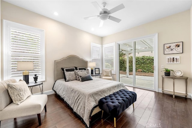 bedroom featuring access to outside, baseboards, dark wood-style flooring, and recessed lighting