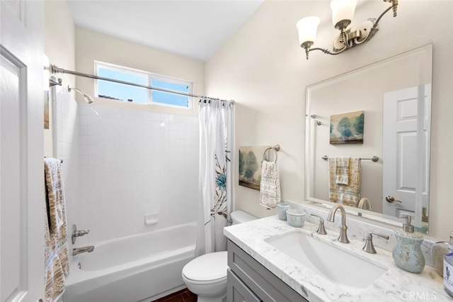 bathroom featuring vanity, shower / bath combination with curtain, and toilet