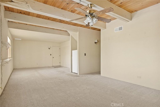 27008 Everest Rd, Lake Arrowhead, CA 92352 - empty room with wooden ceiling with exposed beams, carpet flooring, and ceiling fan