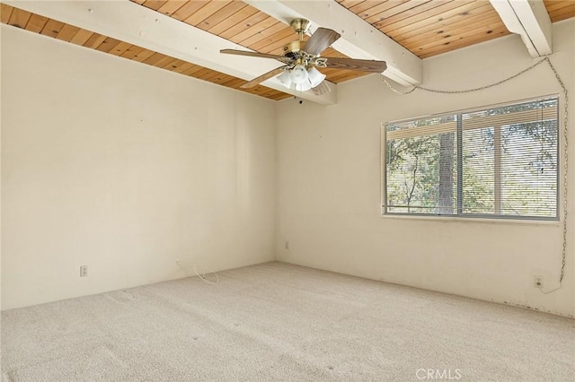 27008 Everest Rd, Lake Arrowhead, CA 92352 - empty room featuring carpet, wood ceiling with exposed beams, and a ceiling fan