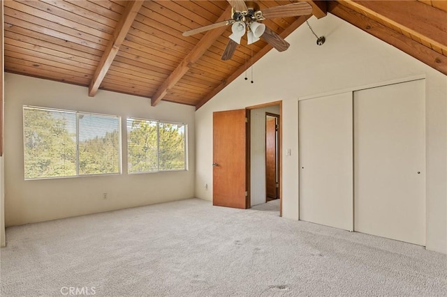 27008 Everest Rd, Lake Arrowhead, CA 92352 - unfurnished bedroom featuring carpet floors, wood ceiling with exposed beams, high vaulted ceiling, ceiling fan, and a closet