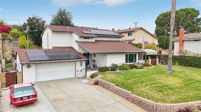 view of front of property featuring roof with shingles, solar panels, an attached garage, driveway, and a front lawn