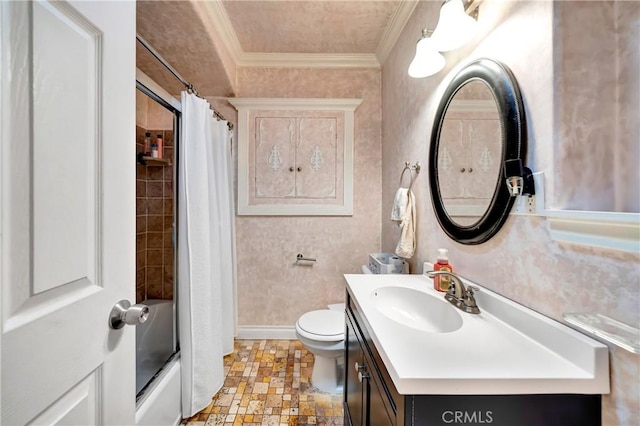 full bath with toilet, stone finish flooring, shower / bathtub combination with curtain, crown molding, and vanity
