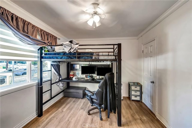 bedroom with crown molding, light wood-style floors, built in study area, ceiling fan, and baseboards