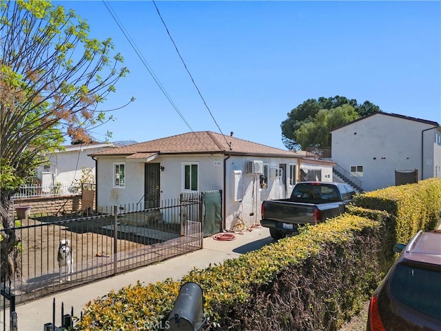 view of front facade featuring a fenced front yard and stucco siding