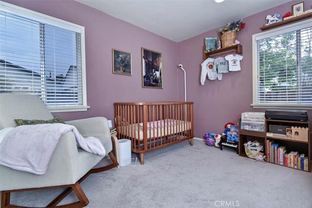 bedroom with a nursery area and carpet