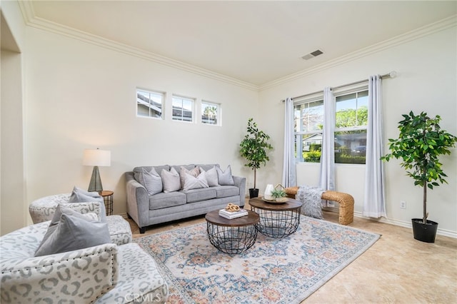 living room featuring visible vents, crown molding, and baseboards