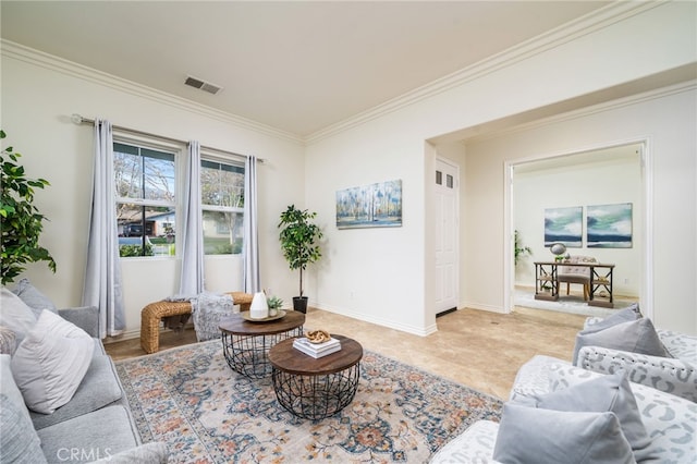 living area featuring ornamental molding, visible vents, baseboards, and light tile patterned flooring