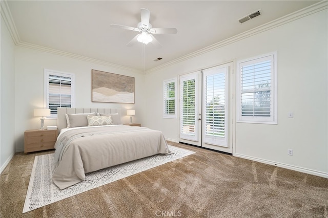 bedroom featuring access to exterior, crown molding, visible vents, carpet flooring, and baseboards