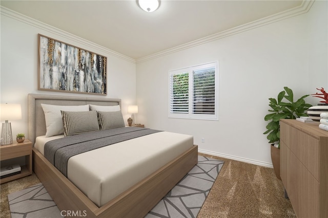 carpeted bedroom featuring ornamental molding and baseboards