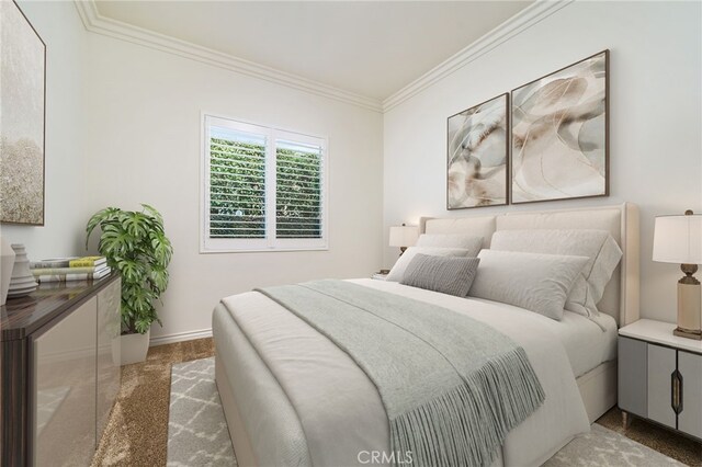 bedroom with ornamental molding, carpet, and baseboards