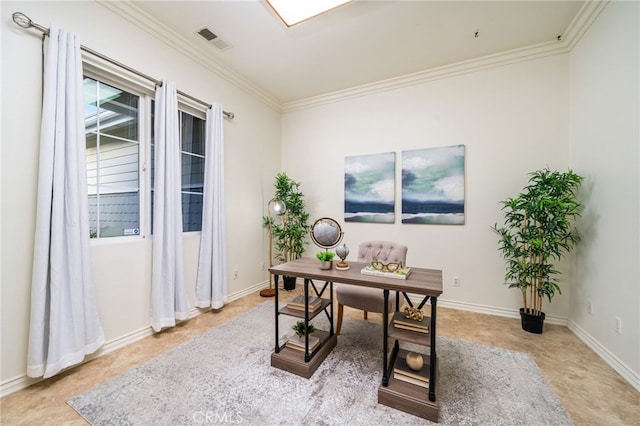 home office featuring baseboards, visible vents, and crown molding