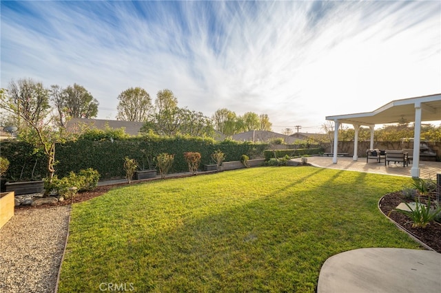 view of yard featuring a patio area, a fenced backyard, and an outdoor living space